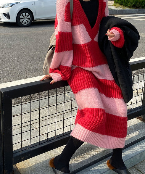 Striped V-neck Sweater Dress